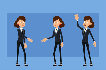 Cartoon flat funny business woman character in black suit with black tie. Girl shaking hands and showing Hello sign. Ready for animation. Isolated on blue background. Vector set.