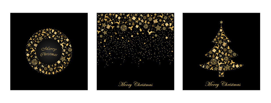 Pack of greeting cards with gold Christmas  deer, gifts, snowflakes, christmas tree on black background. Vector illustration. Gold holiday pattern