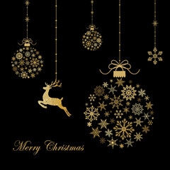 Greeting card with gold christmas ball made from snowflakes and dear  on black background.New year them. Vector illustration