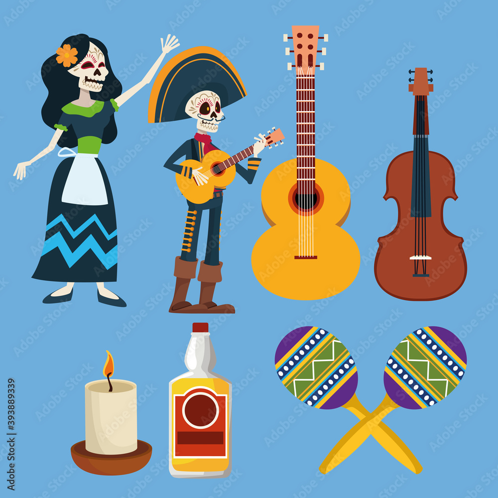 Poster dia de los muertos celebration card with set icons