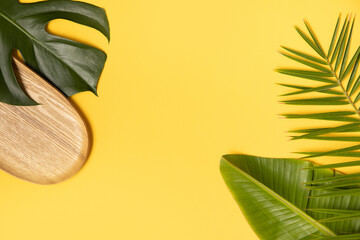 Fototapeta na wymiar Tropical background with palm monstera leaves on yellow.
