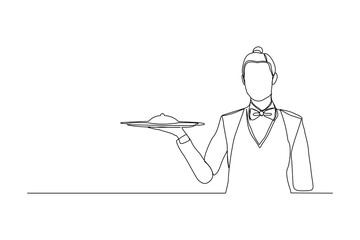 continuous line drawing of waiters woman holding order food tray for customer. One line art concept of restaurant worker. Vector illustration