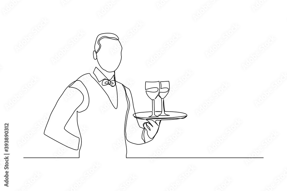 Wall mural continuous line drawing of waiters man holding order glass wine on the tray for customer. One line art concept of restaurant bar and cafe worker. Vector illustration