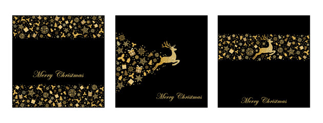 Pack of greeting cards with gold Christmas  deer, gifts, snowflakes, christmas tree on black background. Vector illustration. Gold holiday pattern