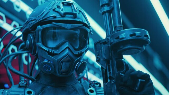 Portrait female soldier of future in futuristic combat suit. Fantastic warrior with assault gun standing against wall illuminated by blue neon light in modern city street. Steampunk, science fiction