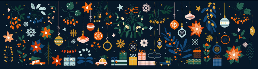 Set of graphic elements for cards. Trees, snowflakes, stylized gift boxes, glass toys, floral, flowers, Black background. Decorative banner. Scandinavian style. Christmas graphic elements.