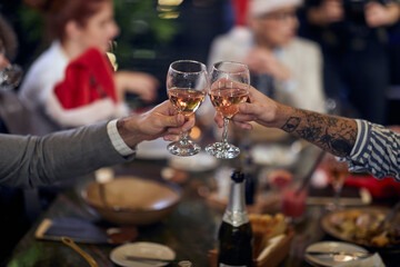 A toast at New Year's company dinner at a restaurant. Together, New Year, celebration