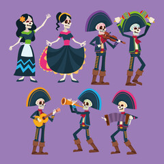 dia de los muertos celebration card with skeletons group characters