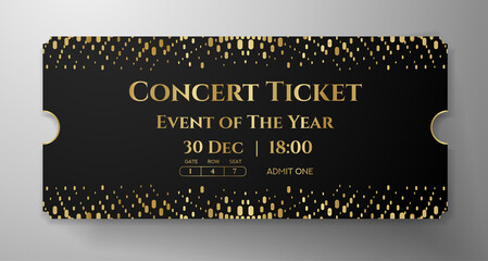 Naklejka premium Premium black and gold ticket template design. Shimmery luxury background with abstract golden dots pattern. Useful for VIP invite, any festival, party, theater, event or entertainment show