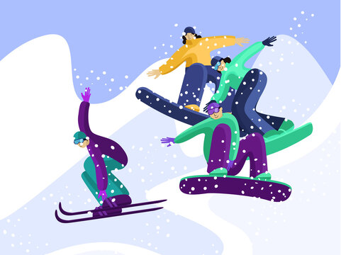 modern winter greeting card. image of young friends who are sliding down the mountain on snowboards. Perfect for printing, banners, flyers, and websites. EPS 10