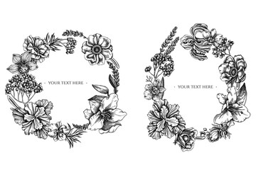 Floral Wreath of black and white anemone, lavender, rosemary everlasting, phalaenopsis, lily, iris