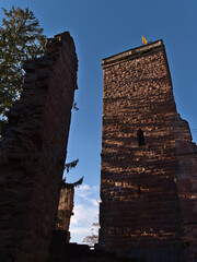 Reconstructed bergfried tower of ruined castle Burg Zavelstein, today accessible as observation tower, above Teinach valley in Black Forest, Baden-Wuerttemberg, Germany in the evening sun in autumn.