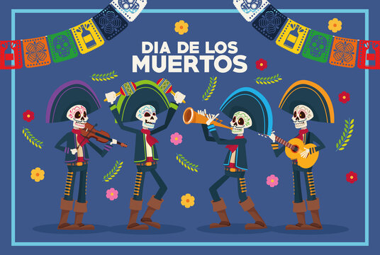 dia de los muertos lettering card with skeletons mariachis and garlands