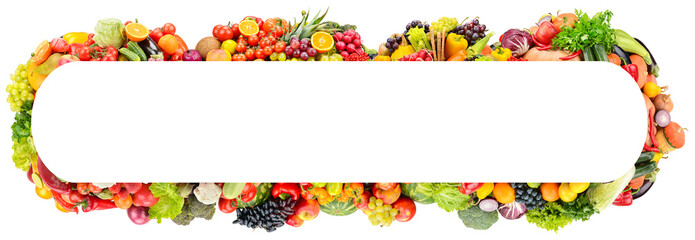 Rectangular wide frame of bright and colorful fruits, vegetables and berries isolated on white