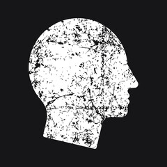 Human head shape vector icon. Grunge texture. Person side profile silhouette sign. Man face symbol. Avatar portrait logo. Clip-art illustration. Isolated on black background.