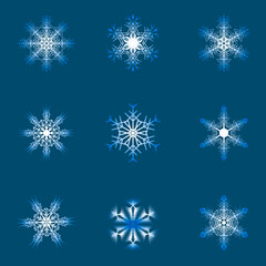 Fototapeta na wymiar White vector decorative Christmas snowflake on a dark blue contrasting background. A set of several snowflakes to decorate the New Year's holiday.