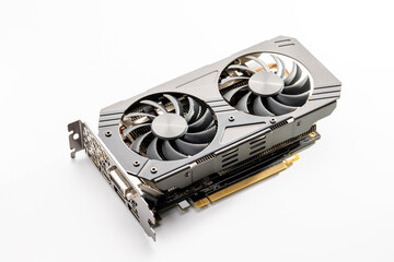 modern graphics card isolated on a white background. gpu desktop hardware for gaming or cryptomining. studio shot