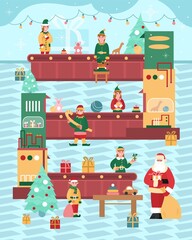 Holiday banner for Christmas with fairy Xmas gifts factory, flat cartoon vector illustration. Background with cute elves characters helping Santa with presents.