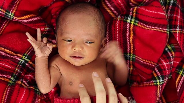 Mother with newborn baby on soft tartan blanket 