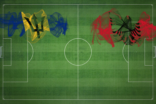Barbados vs Albania Soccer Match, national colors, national flags, soccer field, football game, Copy space