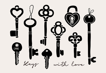 Hand drawn black Vector Keys. Various vintage, old, antique and modern Keys with various heads. Different types, sizes. All elements are isolated
