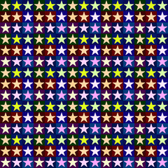 Seamless abstract Astronira's textured pattern with a multicolored five-pointed stars in the Op Art style