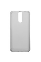 Transparent silicone back case for smartphone with security features, bumper. Isolated on a white background, top view.