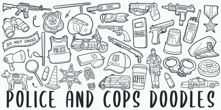 Police and Cops doodle icon set. Weapons Style Vector illustration collection. Banner Hand drawn Line art style.