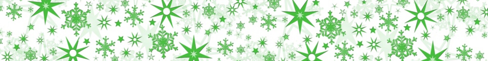 Christmas decoration in green on long banner - different snowflakes and stars also blurred in shadow - shown on white background - 3D illustration
