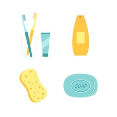 Set of hygiene items  isolated on white background. Collection of Soap, sponge,Toothbrush with toothpaste and Shampoo vector illustration. Care and clean, bathroom objects.