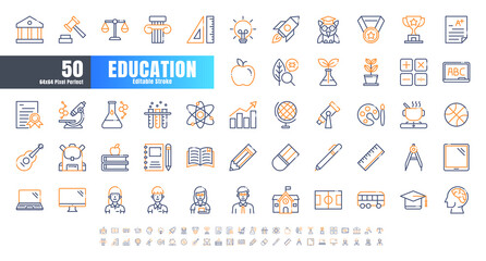 Vector of 50 Education and School Subject Bicolor Line Outline Icon Set. 64x64 and 256x256 Pixel Perfect Editable Stroke.