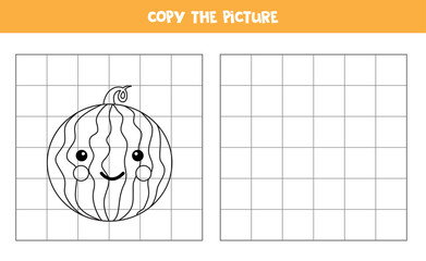 Copy the picture. Cute kawaii watermelon. Logical game for kids.