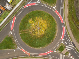 Aerial drone view. Motor road with bicycle markings.