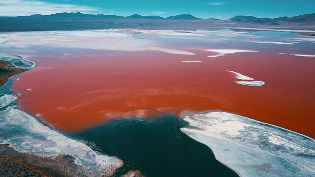 Aerial view of the Bolivian lake of Laguna Colorada located in Altiplano Region