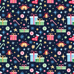Christmas seamless pattern with Watercolor gifts boxes, socks, bells, candy, stars and snowflakes. Bright watercolor background for New Year wrapping paper, cards and fabrics.