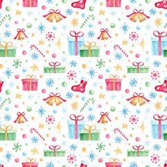 Seamless pattern with watercolor Christmas elements: gifts boxes, socks, bells, candy, stars and snowflakes. Background for wrapping paper, fabrics, cards. Christmas Seamless pattern in vintage style.