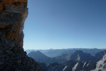 Fototapeta na wymiar Mountain view of famous climbing route Jubilaumsgrat to Zugspitze mountain, Germany