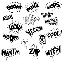 Collection of onomatopoeia in black and white