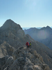 Climber at Jubilaumsgrat via ferrata, Zugspitze mountain, Germany
