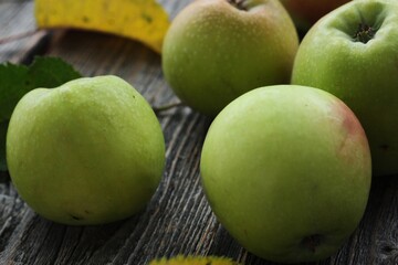 Green apples and autumn leaves on the table