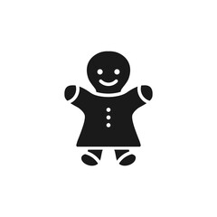 Chocolate cookie ginger man shape. Christmas gingerbread cartoon black symbol. Vector illustration isolated on white.