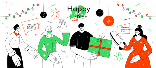 Happy New Year and Merry Christmas - flat design style illustration