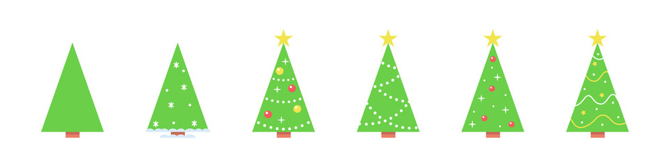 Naklejka premium Set of Christmas trees with decorations, garlands and stars. Flat style. Vector illustration for greeting card, invitation or banner. 