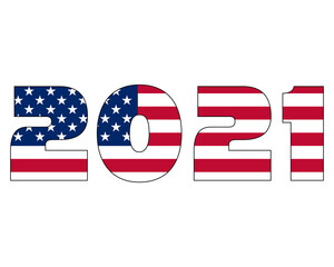 3D 2021 text with American flag inside the text. Vector illustration on white background. USA flag in text. American flag in letters. National emblem. Patriotic illustration.