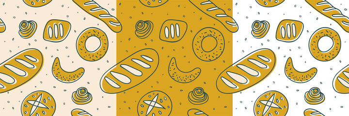 Baker shop background with hand-drawn vector illustrations. Cooking courses backdrop. Bread bakery seamless pattern for pastry label design and bakeshop packaging. Element branding of cafe. 