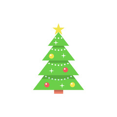 Christmas tree with decorations and a star. Flat style. Vector illustration for greeting card, invitation or banner.
