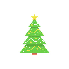 Christmas tree with decorations and a star. Flat style. Vector illustration for greeting card, invitation or banner.
