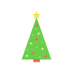 Christmas tree with decorations and a star. Flat style. Vector illustration for greeting card, invitation or banner.
