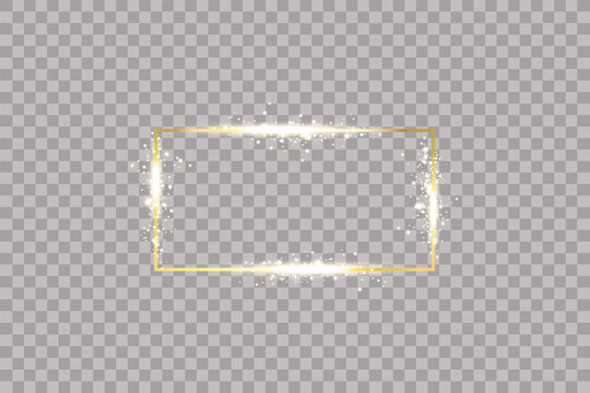 Golden frame with lights effects. Shining rectangle banner. Isolated on transparent background. Vector illustration