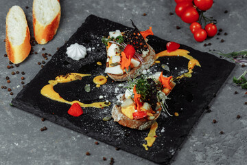 bruschettas with pumpkin mousse and goat cheese. Light breakfast, snack. halloween